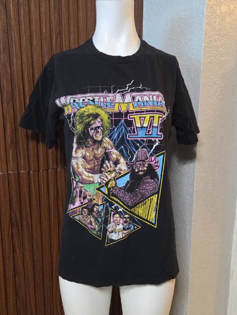 WWE WrestleMania VI Black Retro Graphic Tee with Neon Accents[1095]